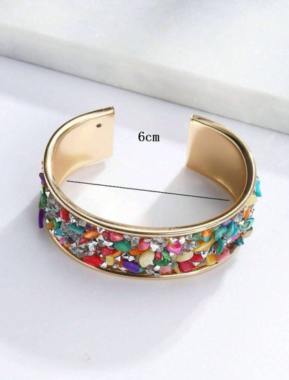 1pc Women's Colorful Natural Shell & Glass Crystal Cuff Bangle