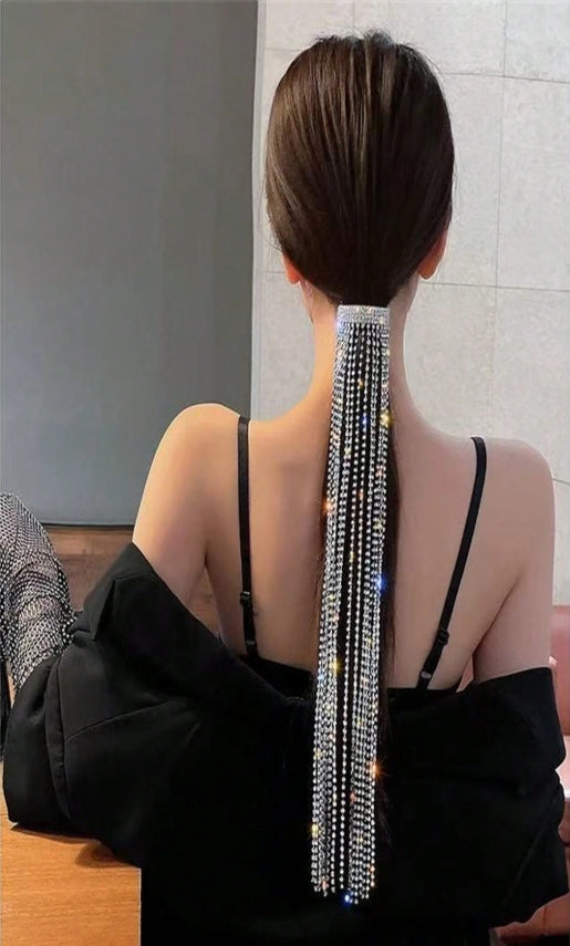 SHEIN 1pc Fashion Low Ponytail Hair Chain Decor, Tasseled Rhinestone Shiny Party Accessory
