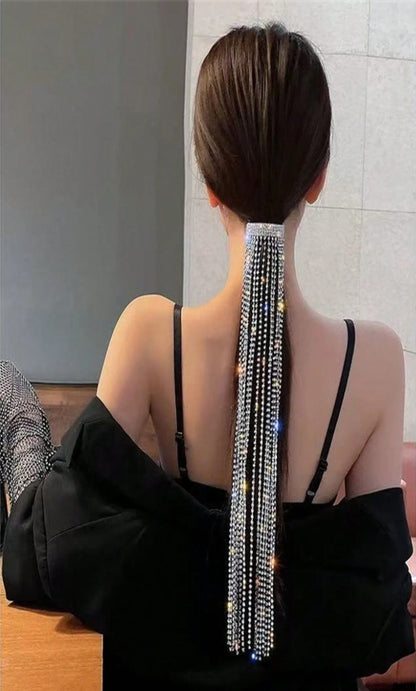SHEIN 1pc Fashion Low Ponytail Hair Chain Decor, Tasseled Rhinestone Shiny Party Accessory