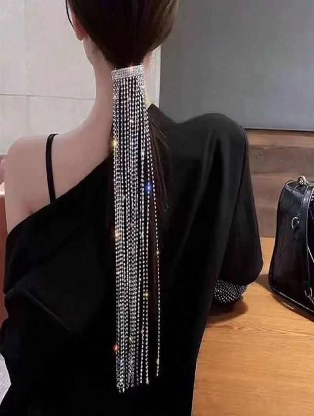 SHEIN 1pc Fashion Low Ponytail Hair Chain Decor, Tasseled Rhinestone Shiny Party Accessory