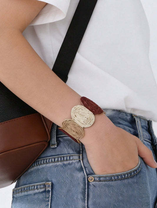 1pc Vintage Round Woven Bracelet, Bohemian Color Block Design,
