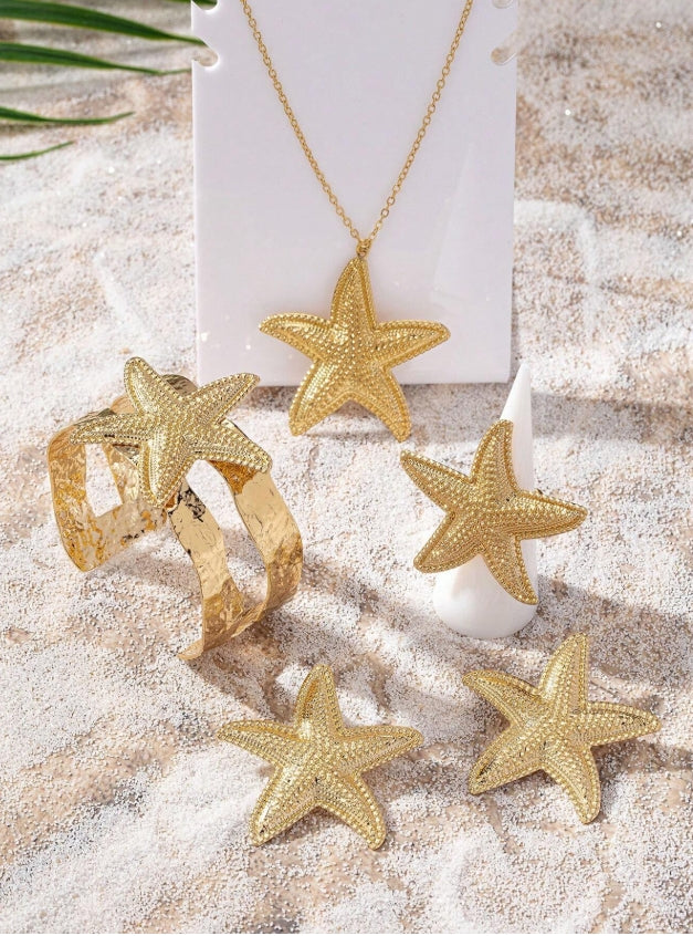 1pc Necklace, 1pair Earrings, 1pc Bracelet, 1pc Ring - Ocean Themed Jewelry Set