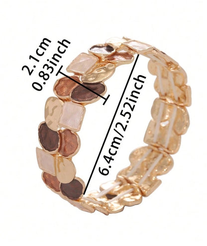 Cring Coco Retro Asymmetric Metal & Enamel Cuff Bracelet, Light Luxury Multi-Color Patchwork Bangle, Fashion Elastic Jewelry For Daily & Party Wear