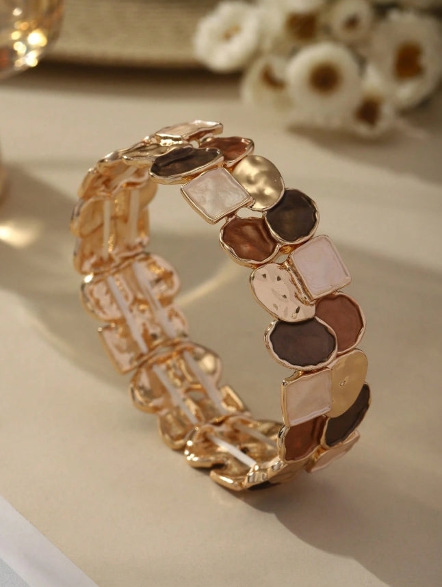 Cring Coco Retro Asymmetric Metal & Enamel Cuff Bracelet, Light Luxury Multi-Color Patchwork Bangle, Fashion Elastic Jewelry For Daily & Party Wear
