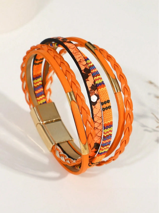 1pc Multi-Layer Orange PU Faux Leather Women's Bracelet, Suitable For Summer Bohemian Style Beach Daily Party Mother's Day Valentine's Day Vacation Music Festival Christmas Gift