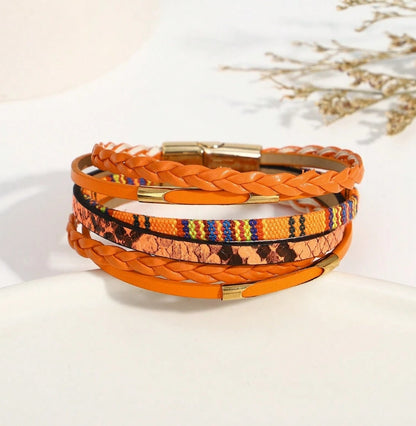 1pc Multi-Layer Orange PU Faux Leather Women's Bracelet, Suitable For Summer Bohemian Style Beach Daily Party Mother's Day Valentine's Day Vacation Music Festival Christmas Gift