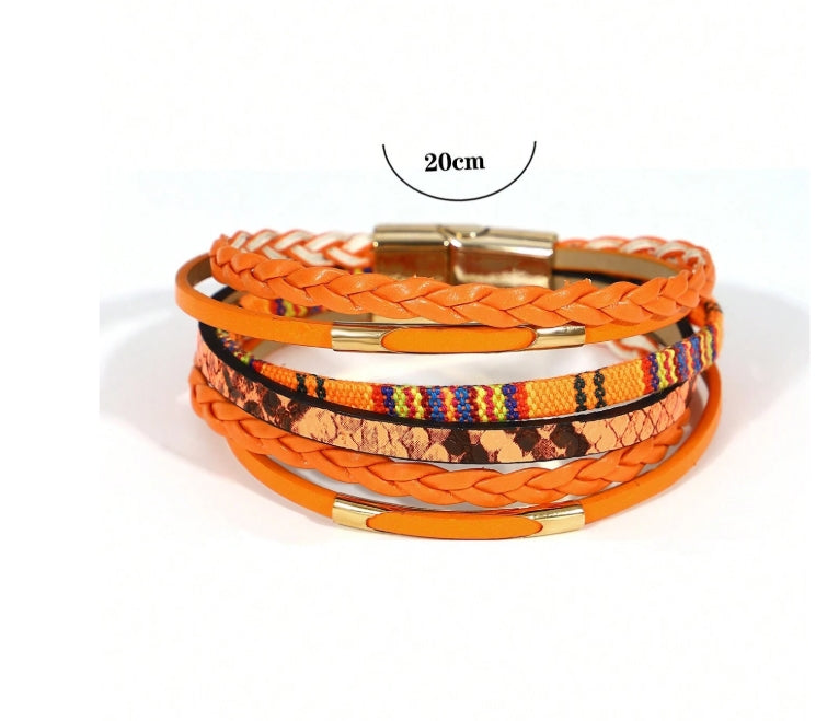 1pc Multi-Layer Orange PU Faux Leather Women's Bracelet, Suitable For Summer Bohemian Style Beach Daily Party Mother's Day Valentine's Day Vacation Music Festival Christmas Gift