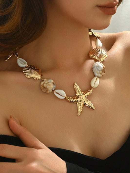 1pc Ocean Beach Style Starfish, Snail Shell Shaped Pendant Necklace