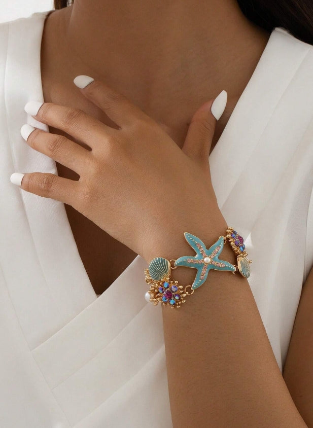 Shein Starfish & Coral Rhinestone Bracelet