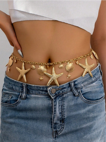 SHEIN 1pc Fashion Starfish Shell Tassel Waist Chain, Elegant Vacation Style