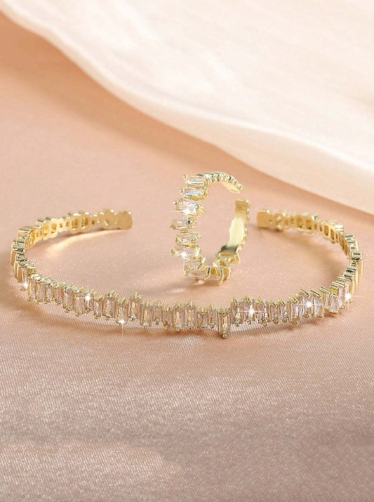 SHEIN rakol 2pcs Fashionable Cubic Zirconia Asymmetrical Decoration Ring & Bracelet Set