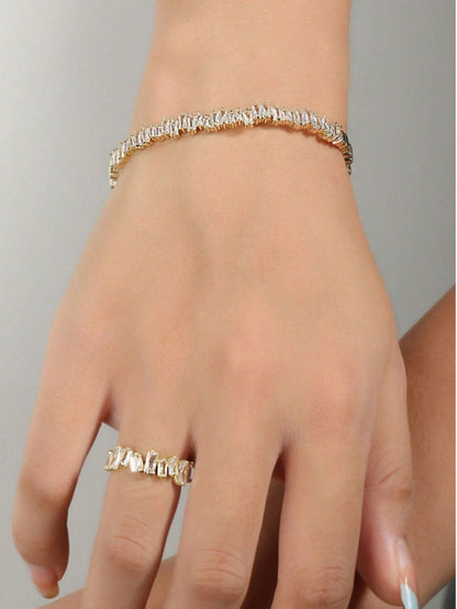 SHEIN rakol 2pcs Fashionable Cubic Zirconia Asymmetrical Decoration Ring & Bracelet Set