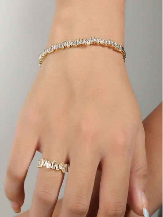 SHEIN rakol 2pcs Fashionable Cubic Zirconia Asymmetrical Decoration Ring & Bracelet Set