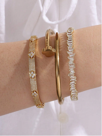 SHEIN 3pcs/Set Open Bangle Bracelets, Made Of 18K Gold Plated Copper With Zirconia