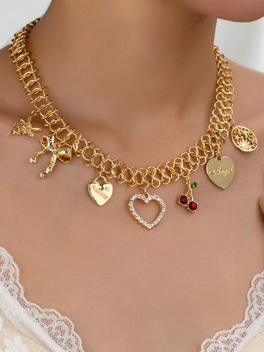 Shein 1Pc Heart Cherry Bow Multi Charms Necklace