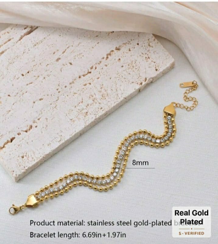 ASHEIN  Stainless Steel Jewelry Set With Diamonds And Gold-Plated Bracelet