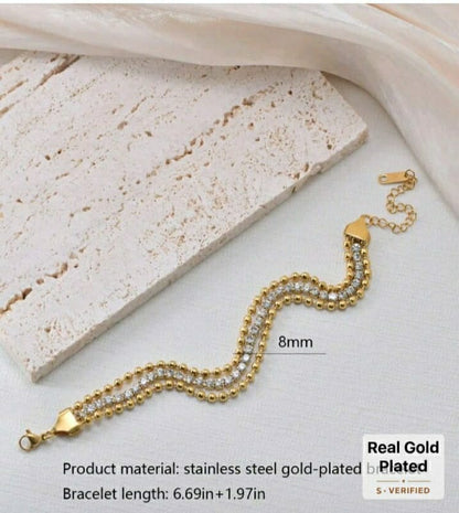 ASHEIN  Stainless Steel Jewelry Set With Diamonds And Gold-Plated Bracelet