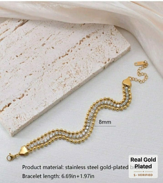 ASHEIN  Stainless Steel Jewelry Set With Diamonds And Gold-Plated Bracelet