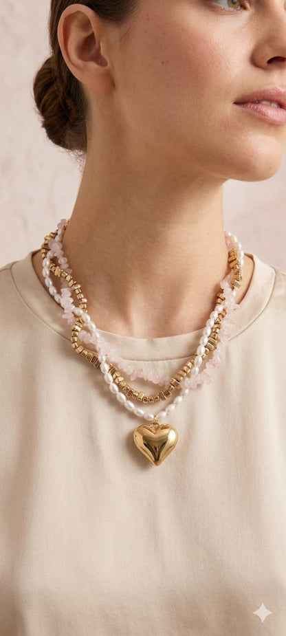 SHEIN 1pc Elegant 3-Layer Beaded Heart Necklace For Women