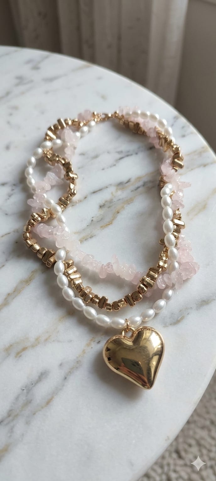 SHEIN 1pc Elegant 3-Layer Beaded Heart Necklace For Women