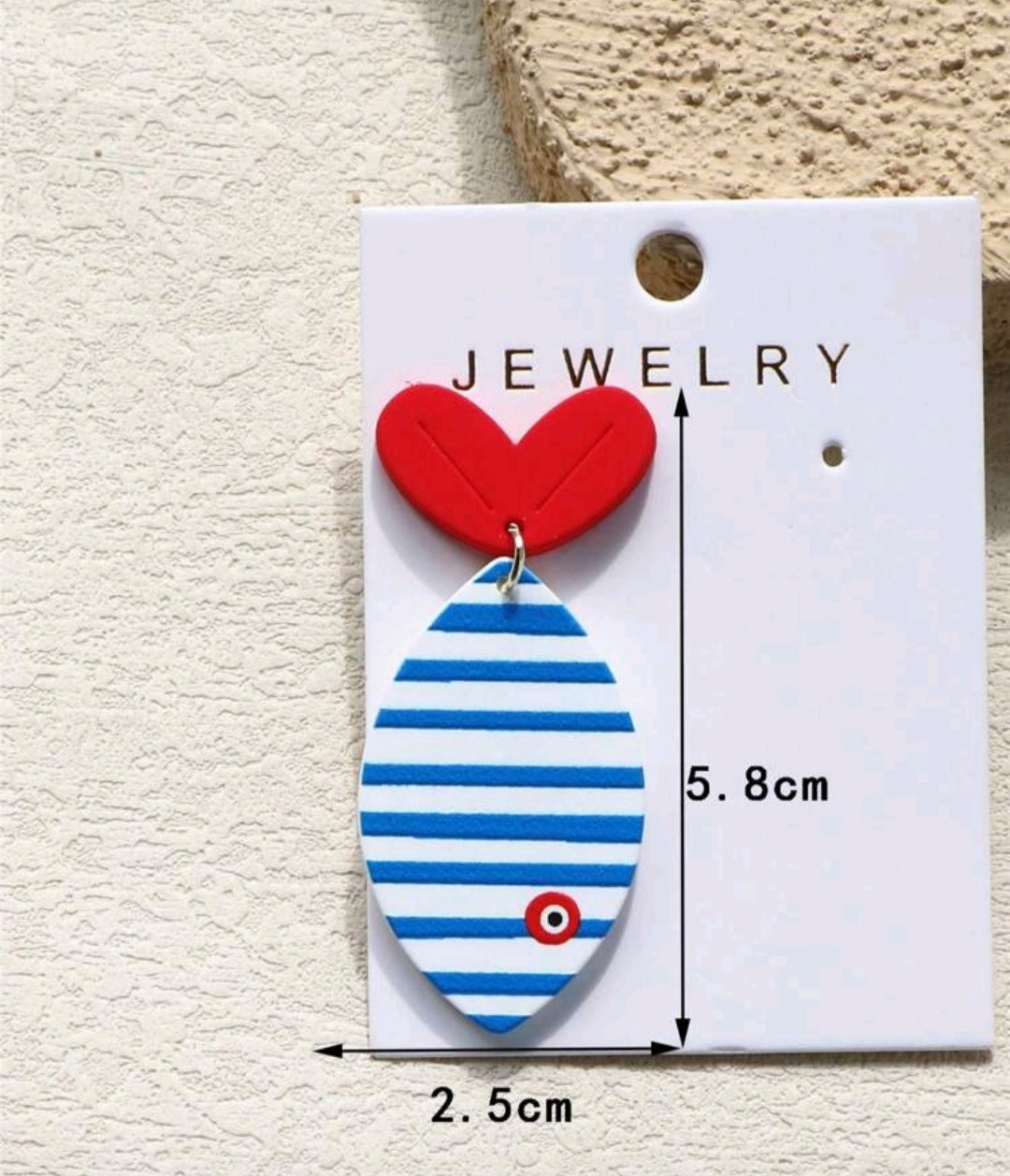 SHEIN 1 Pair Women Striped Fish Print Fuzzy Ceramic Heart Fish Tail Cute Acrylic Earrings, Blue