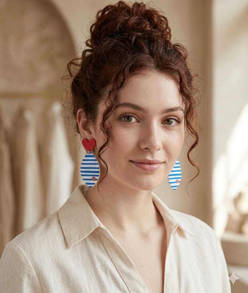 SHEIN 1 Pair Women Striped Fish Print Fuzzy Ceramic Heart Fish Tail Cute Acrylic Earrings, Blue
