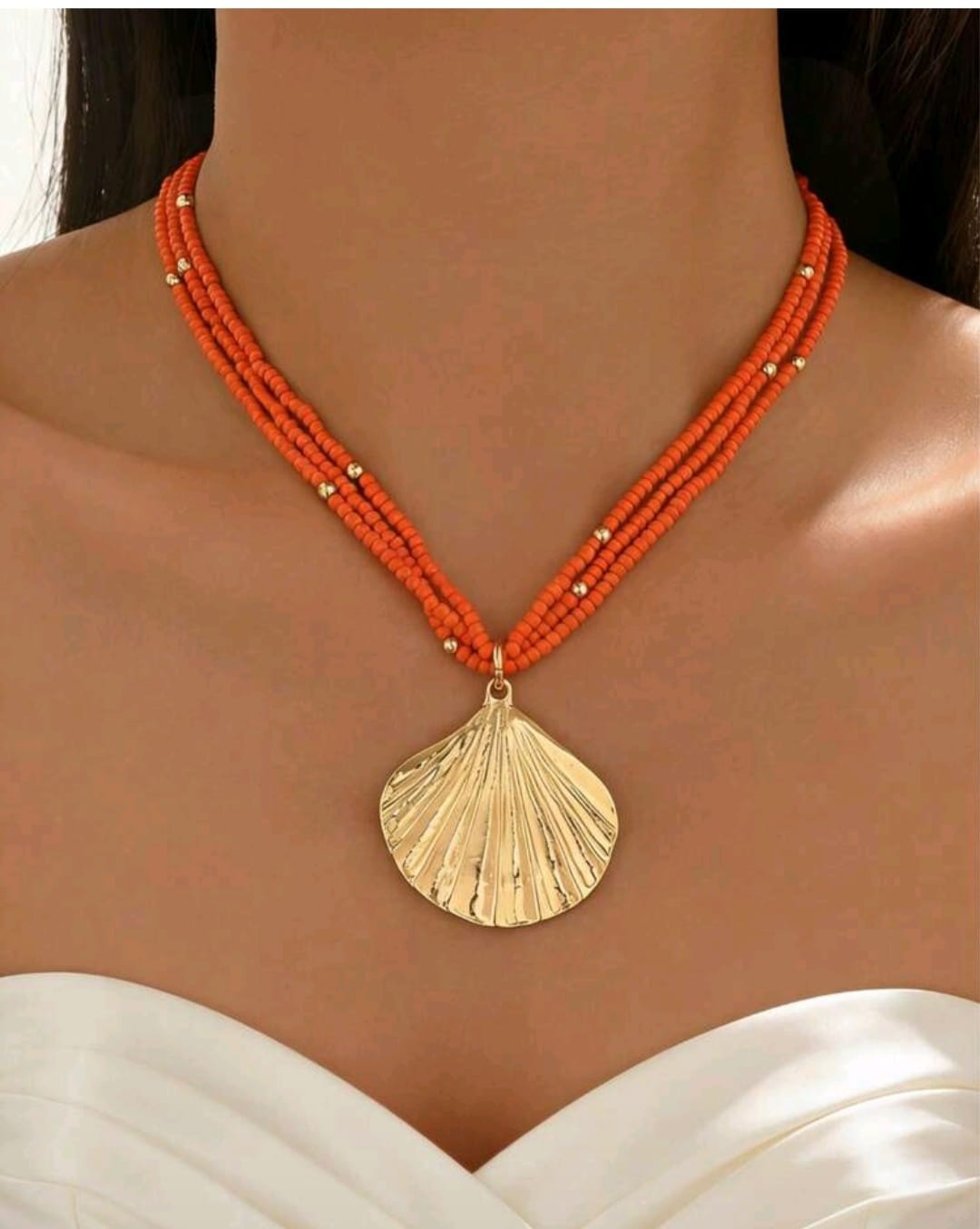 Shein Orange Beaded Shell Pendant Necklace