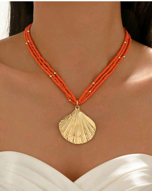 Shein Orange Beaded Shell Pendant Necklace