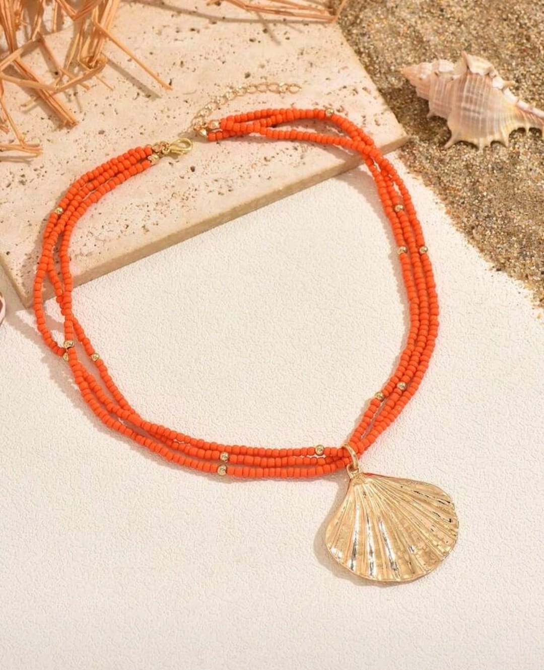 Shein Orange Beaded Shell Pendant Necklace