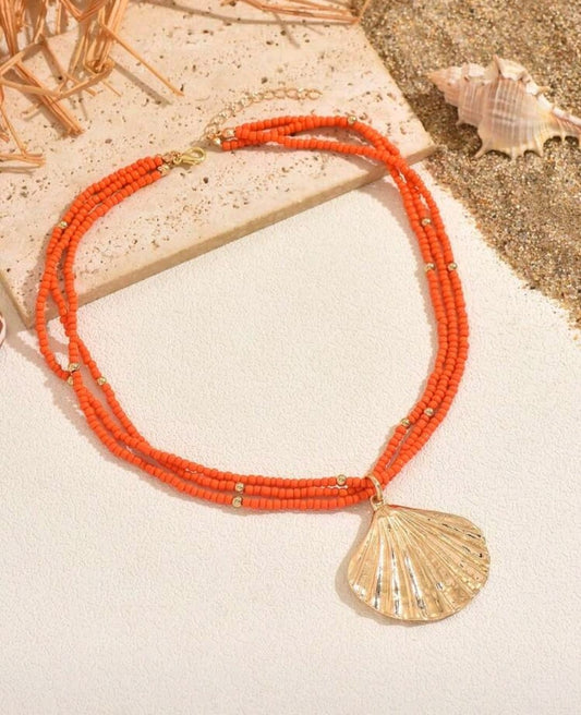 Shein Orange Beaded Shell Pendant Necklace