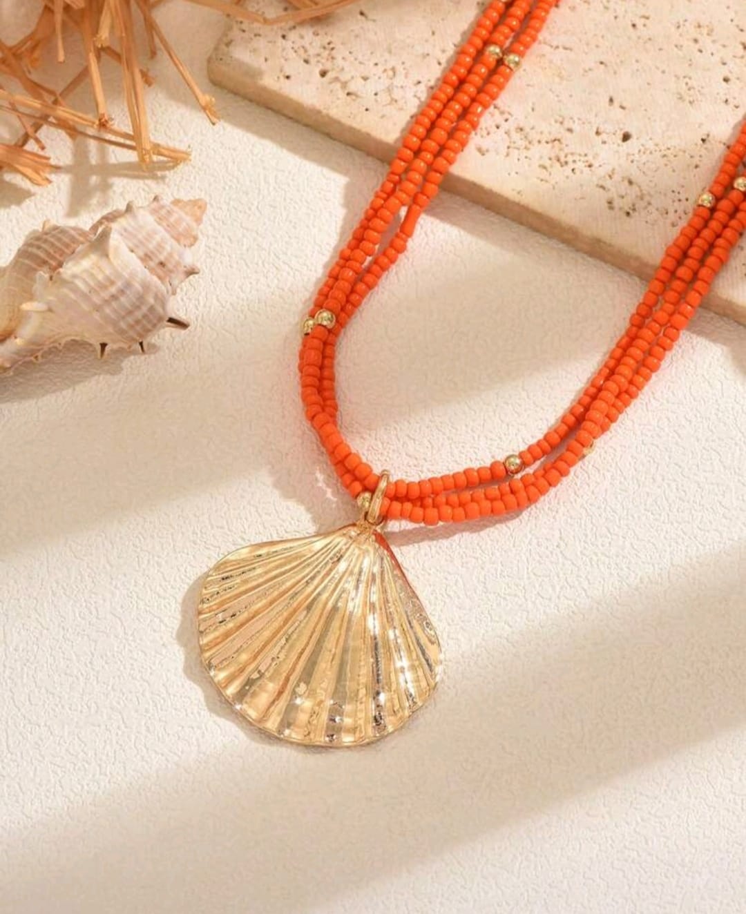 Shein Orange Beaded Shell Pendant Necklace