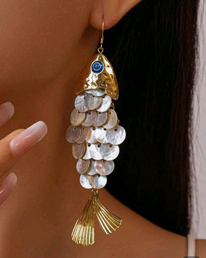 1 Pair Creative Fish Shaped Shell Tassel Earrings,
