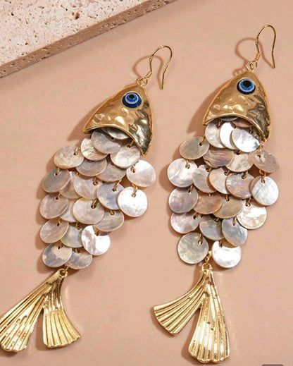 1 Pair Creative Fish Shaped Shell Tassel Earrings,