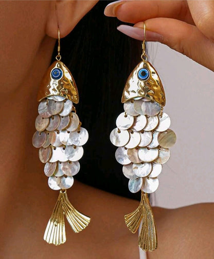 1 Pair Creative Fish Shaped Shell Tassel Earrings,