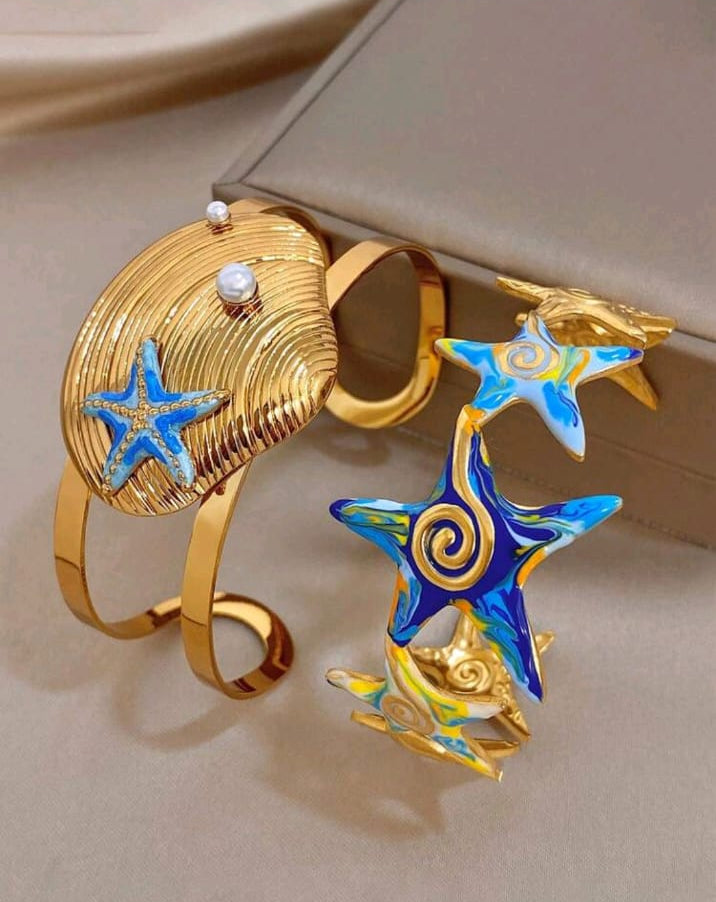 Bohe Enamel Starfish Seashell Ocean Gold Bangle Bracelet Set, Stainless Steel