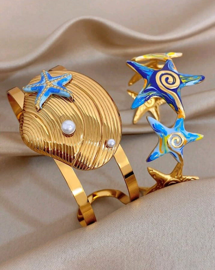 Bohe Enamel Starfish Seashell Ocean Gold Bangle Bracelet Set, Stainless Steel