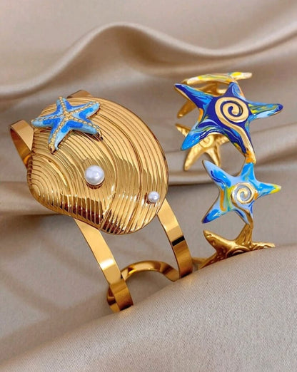 Bohe Enamel Starfish Seashell Ocean Gold Bangle Bracelet Set, Stainless Steel