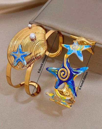 Bohe Enamel Starfish Seashell Ocean Gold Bangle Bracelet Set, Stainless Steel
