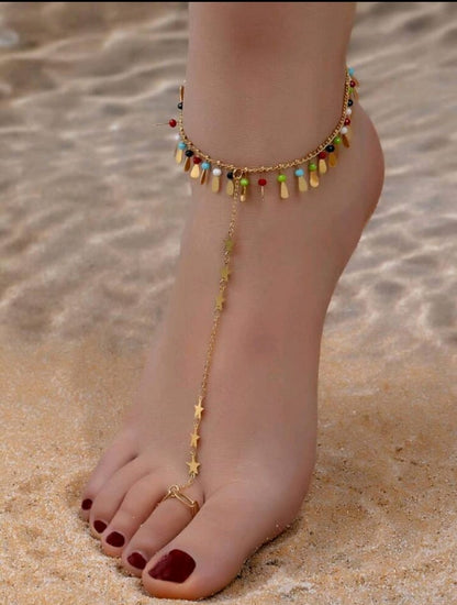 Bohe Enamel Starfish Seashell Ocean Gold Bangle Bracelet Set, Stainless Steel