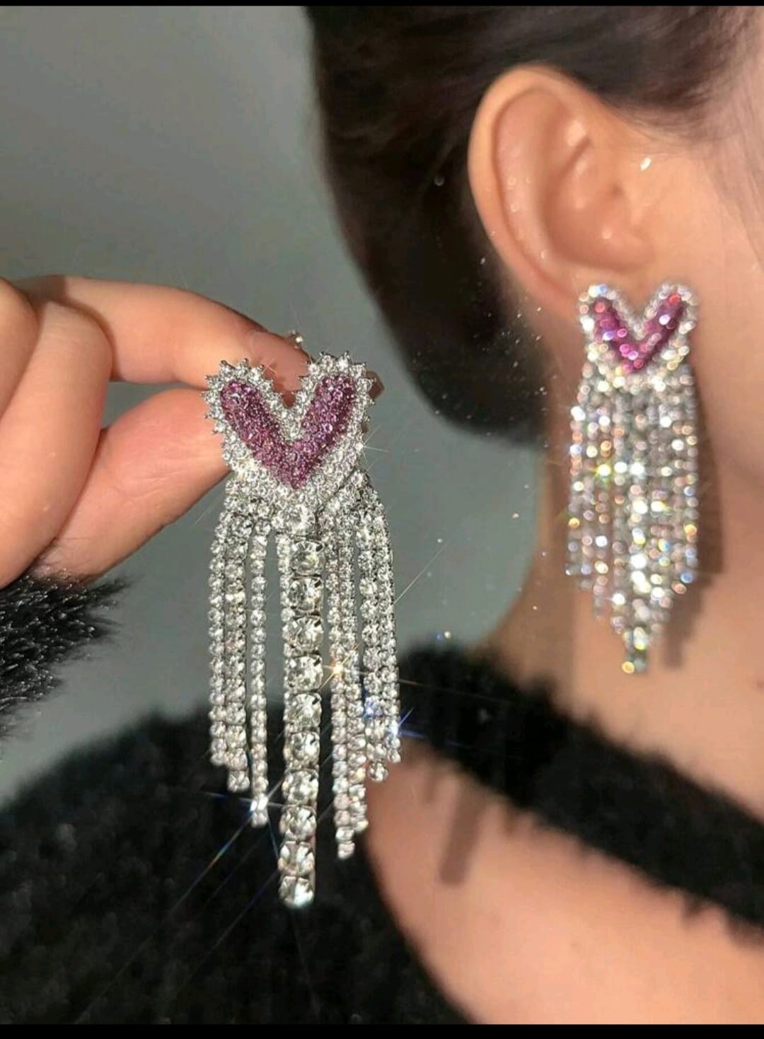 1pair Heart Shaped Earrings With Rhinestone Decor Valentines,