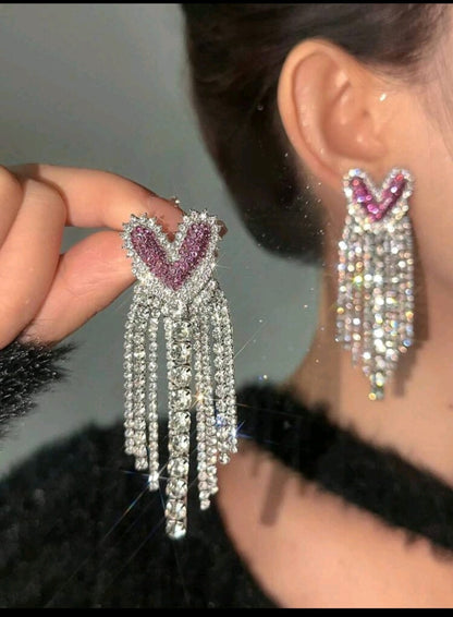 1pair Heart Shaped Earrings With Rhinestone Decor Valentines,