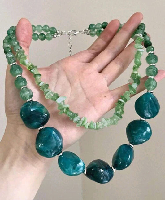 rundraw 1pc New Double Layer Asymmetrical Geometric Beaded Bohemian Metal Multi-Color Women's Necklace