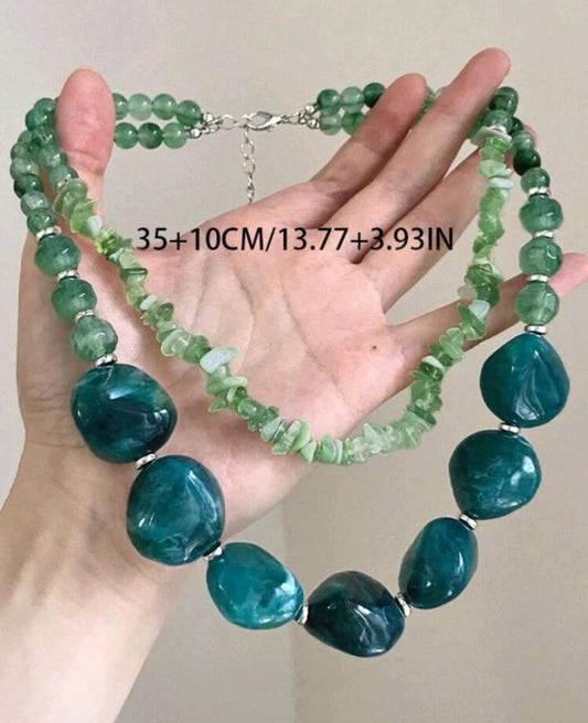 rundraw 1pc New Double Layer Asymmetrical Geometric Beaded Bohemian Metal Multi-Color Women's Necklace