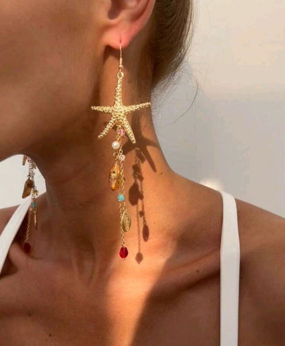 1 Pair Bohemian Style Sea Element Metal Starfish Shell Pendant Earrings