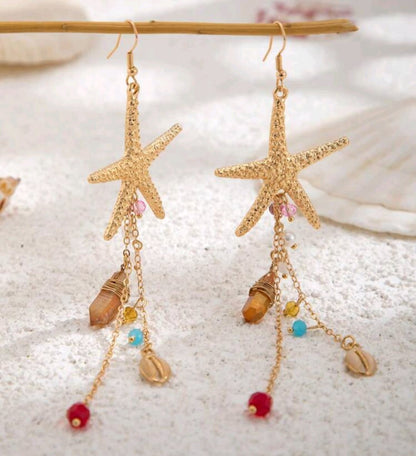 1 Pair Bohemian Style Sea Element Metal Starfish Shell Pendant Earrings