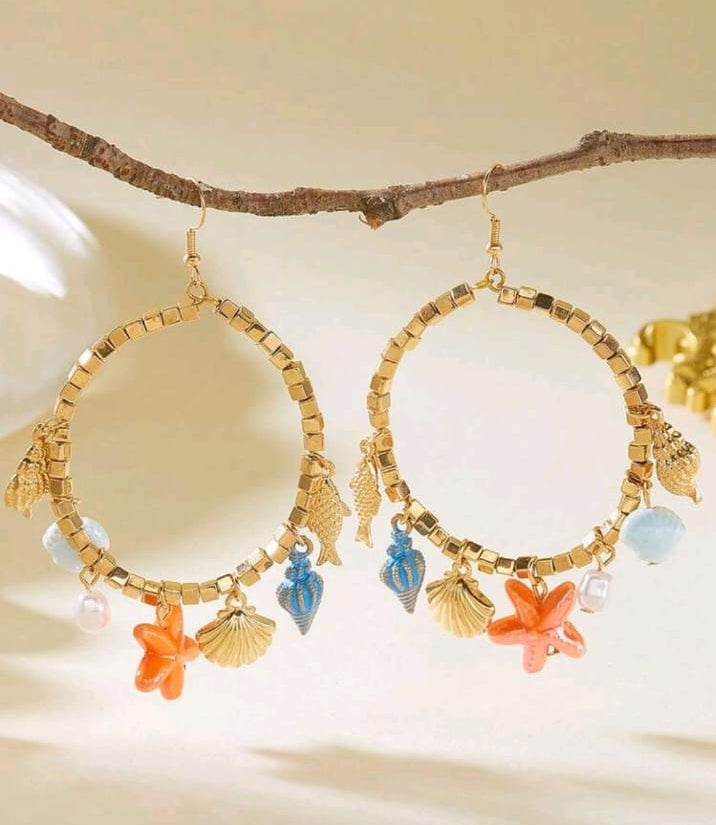 2pcs Vacation Style Starfish, Seashell, Seahorse Earrings,