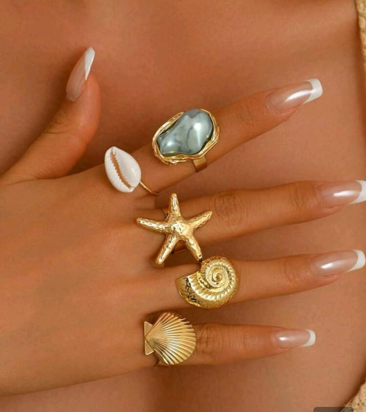 1 Set Exaggerated Fashion Starfish Shell Finger Ring Asymmetrical Faux Pearl Open Adjustable Ring Set,