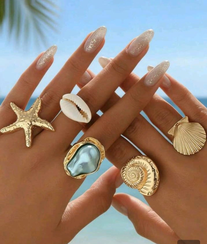 1 Set Exaggerated Fashion Starfish Shell Finger Ring Asymmetrical Faux Pearl Open Adjustable Ring Set,