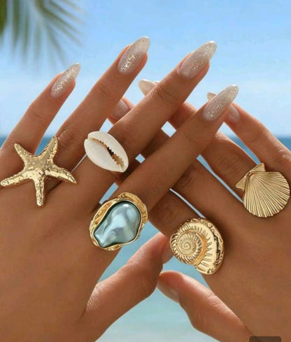 1 Set Exaggerated Fashion Starfish Shell Finger Ring Asymmetrical Faux Pearl Open Adjustable Ring Set,