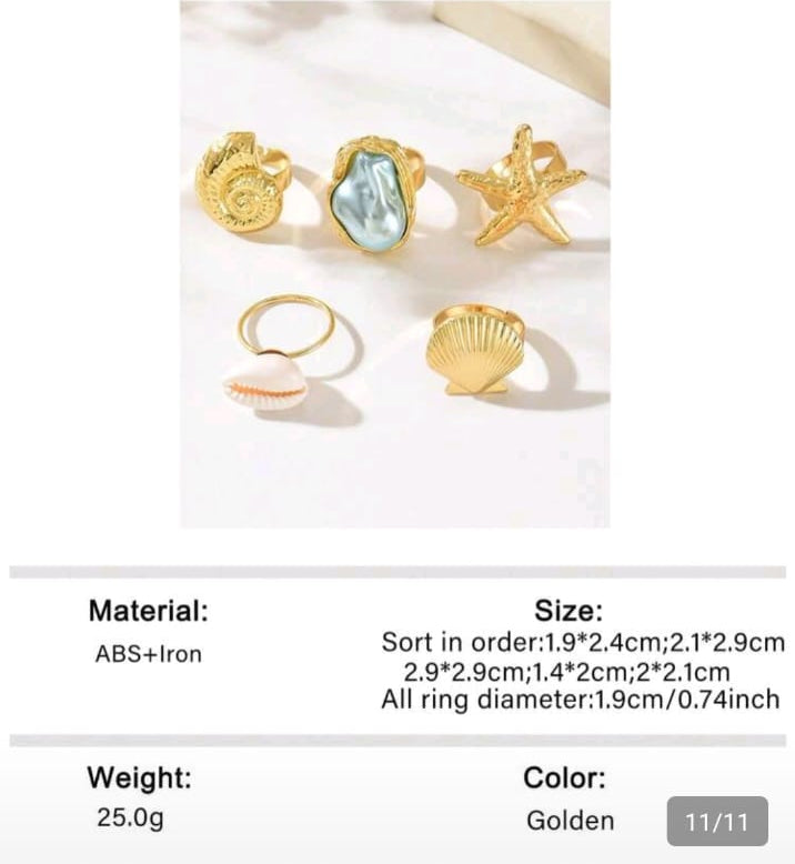 1 Set Exaggerated Fashion Starfish Shell Finger Ring Asymmetrical Faux Pearl Open Adjustable Ring Set,